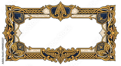 Gold geometric frame built from interlocking octagonal bands and intricate arabesque tracery forming a regal ornamental emblem centered on symmetry layered depth and luminous metallic elegance