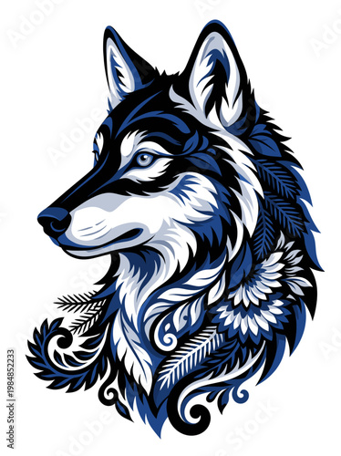 Ornamental blue wolf head portrait blending layered fur floral accents and curling foliage into a bold fantasy emblem where icy tones sharp gaze and decorative detail create striking character