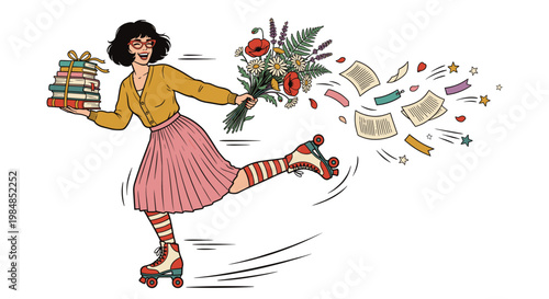 Whimsical roller skating woman balancing books and a fresh bouquet as flying pages trail behind in a lively literary character scene full of motion charm playful fashion and creative energy