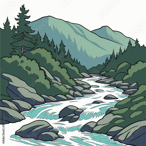 A cartoon illustration of a river flowing through a rocky landscape with trees and mountains in the background