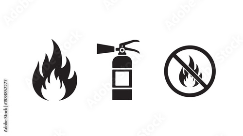 Fire Safety Symbols Including Flame, Extinguisher And Prohibited Fire Icon On White Background For Emergency Concepts