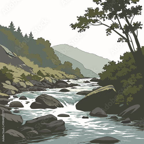 A serene landscape of a rocky river flowing through a forest with trees and mountains in the background