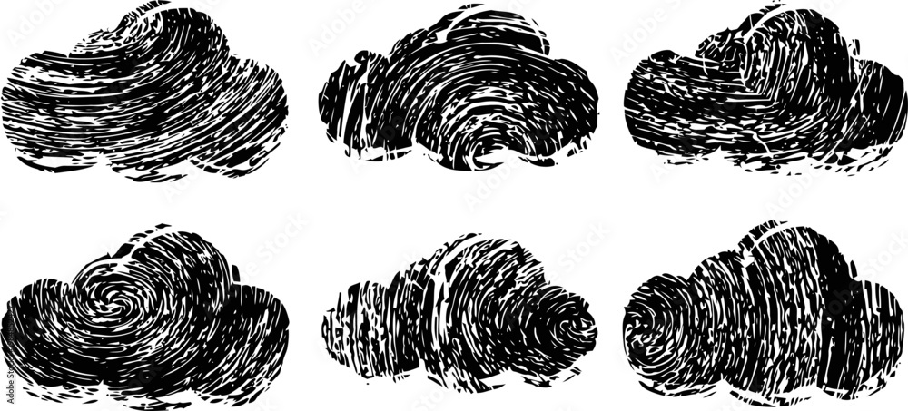 Obraz premium Stylized black cloud silhouettes in six unique swirling textured designs