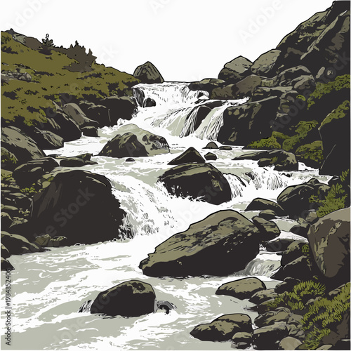 A serene waterfall cascading over rocks in a natural landscape with lush greenery surrounding the water