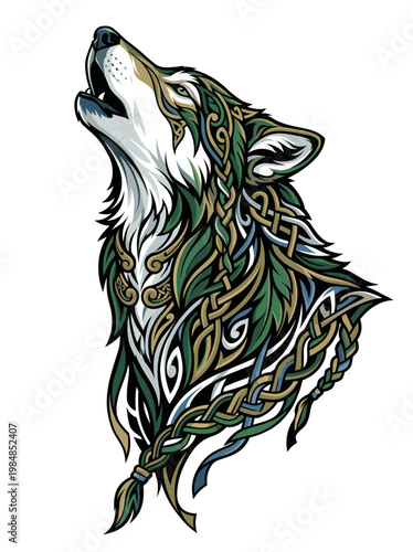 Howling wolf formed from interwoven Celtic knots leafy strands and flowing fur details combining woodland mysticism heroic motion and intricate ornamental linework in emerald tones