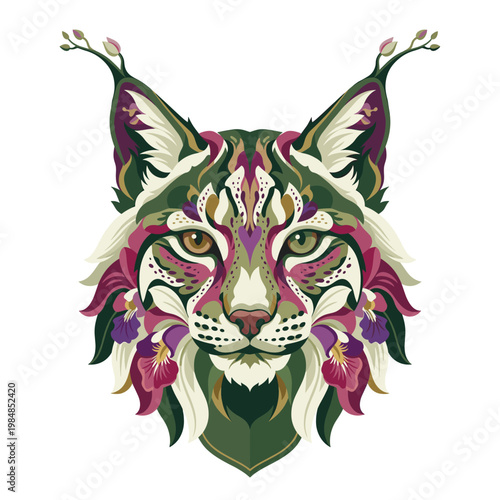 Symmetrical lynx portrait adorned in lush floral motifs and botanical curves blending feline intensity emerald tones and blooming magenta ornament into an elegant fantasy emblem