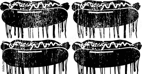 Grunge hot dogs with dripping condiments illustration, four black ink stamped sandwiches