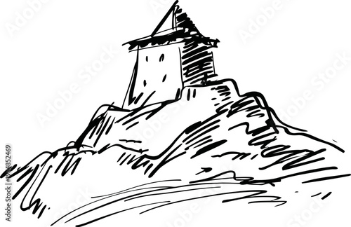 Old hilltop tower hand drawn sketch of ancient stone watchtower on rocky mountain peak historic building illustration