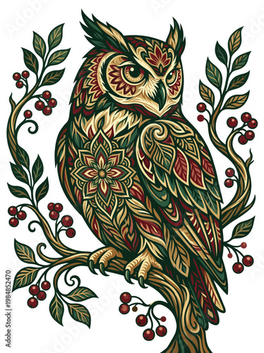 Ornate woodland owl perched among curling branches red berries and leafy motifs forms a richly patterned portrait that blends folk artistry forest symbolism and quiet nocturnal wisdom