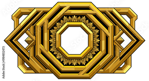 Luxurious gold geometric ornament arranges layered octagons and angular lines into an opulent symmetrical frame whose architectural precision and metallic depth evoke timeless deco grandeur
