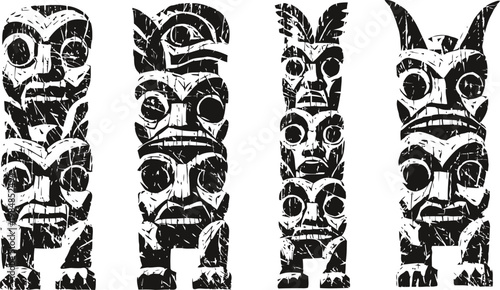 Traditional tribal totem poles in distressed vintage with mythological faces and symbols