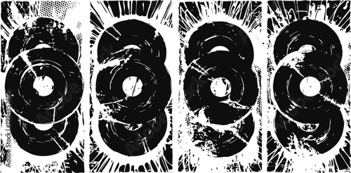 Abstract black and white circular patterns with distressed texture and vertical arrangement, artistic design