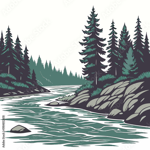 A serene forest landscape with a river flowing through it surrounded by tall trees and rocks