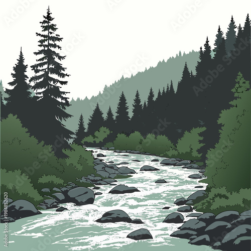 A serene forest landscape with a river flowing through it surrounded by tall trees and rocks in the water
