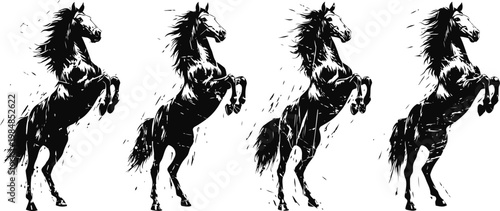 silhouettes of black rearing horses set in a row with dynamic ink splatter effect