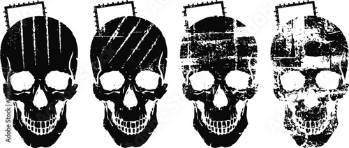 Grunge skull illustrations in black and white with distressed texture effects and abstract stripes