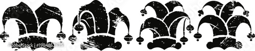 four vintage jester hats with bells, decorative carnival costume accessories in black silhouette