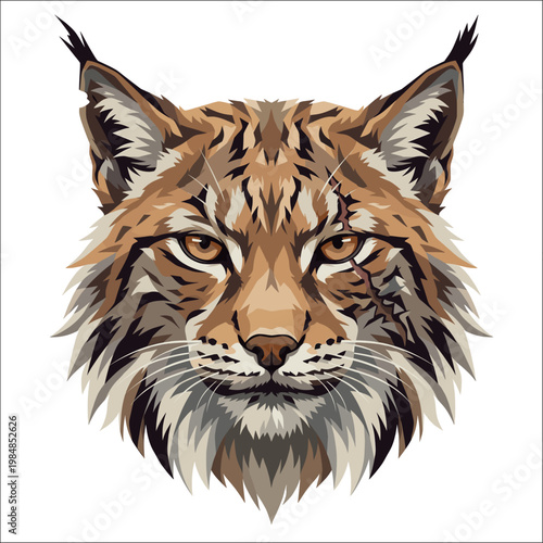 Striking lynx portrait centers fierce amber eyes tufted ears and layered fur in a realistic wildlife emblem that captures northern predator strength untamed focus and commanding natural presence