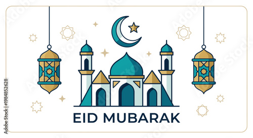 Elegant Eid Mubarak scene features a turquoise mosque beneath a crescent moon and hanging lanterns in a refined Islamic festive composition glowing with spiritual warmth and celebration