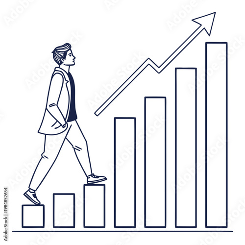 Businessman climbing up bar graph with rising arrow indicating growth and success in career advancement