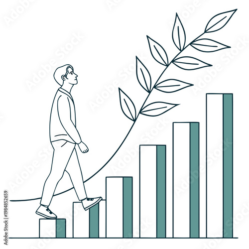 A man walking up a bar graph with a plant growing from it, symbolizing growth and progress in business or finance