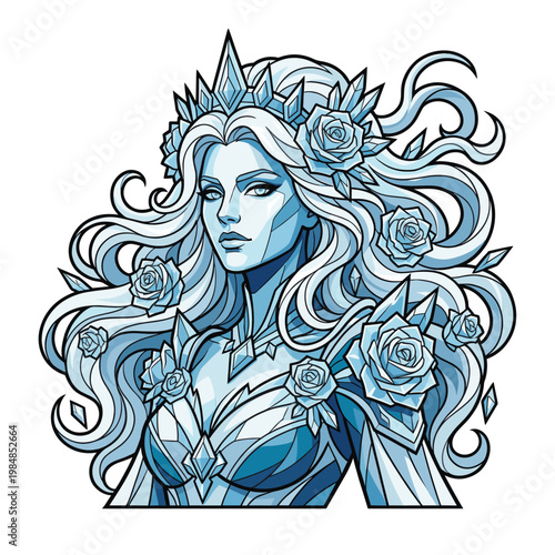 Enchanting ice queen in crystal armor and frost crowned roses gazes ahead as flowing silver hair and glacial blue details shape a regal fantasy portrait filled by elegance power and winter magic