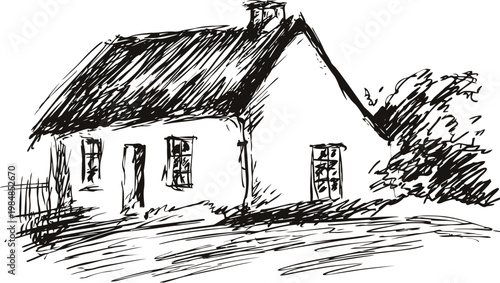 Rustic countryside house sketch with chimney and simple fence in nature setting