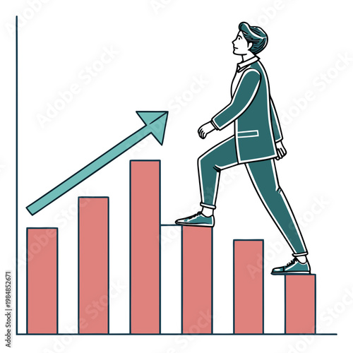 Businessman climbing up a bar graph with an arrow pointing upwards, symbolizing growth and success in a corporate setting