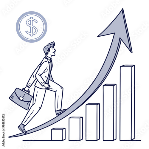Businessman climbing up a growing graph with an arrow pointing upwards and a dollar coin, symbolizing financial success and career advancement