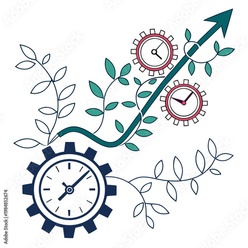 Vector illustration of clock gears with leaves and arrow on symbolizing growth and efficiency in business and productivity