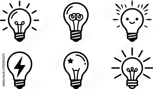Black and white line art set of six creative light bulb icons with different filament designs