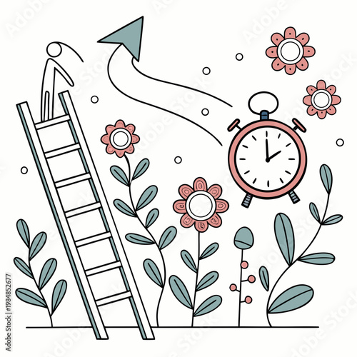 A person on a ladder with an arrow pointing up surrounded by flowers and a clock