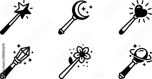 Black star moon heart crystal flower and planet magic wands vector art