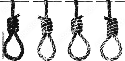 Four hanging nooses silhouettes vintage distressed rope loops isolated on white background