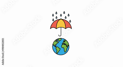A colorful vector illustration of a red and yellow umbrella protecting the Earth from raindrops