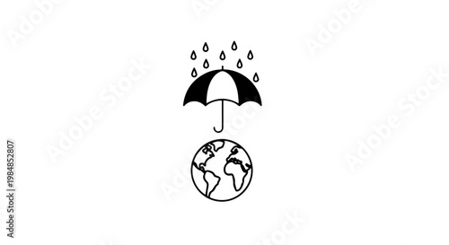 A minimalist vector illustration of a black umbrella protecting the Earth from raindrops