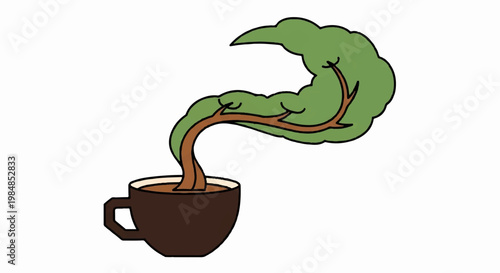 A vector graphic illustration of a coffee cup with a leafy green plant emerging from the steaming hot coffee.