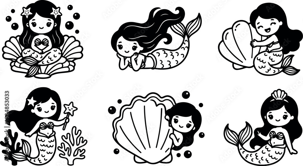 Fototapeta premium Black and white line art mermaid girls with shells and coral cute vector illustration
