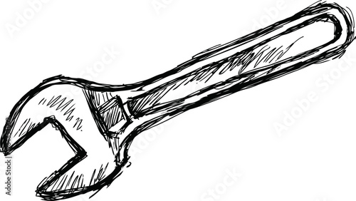 Hand drawn adjustable wrench illustration in black and white sketch tool repair maintenance equipment