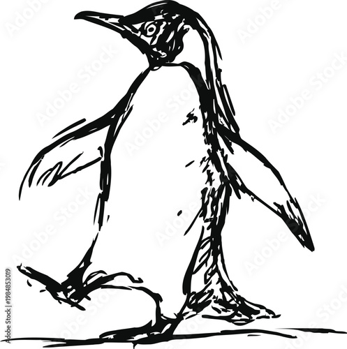sketch of a penguin walking with wings spread out and one foot lifted