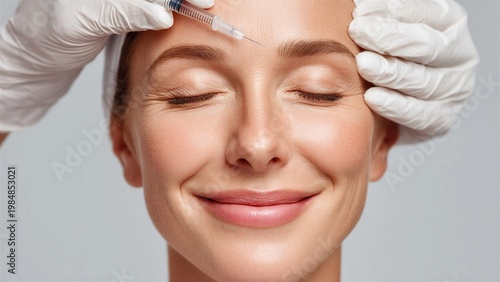 Cosmetologist injecting facial filler into forehead of smiling woman. Anti aging procedure by dermatologist. Cosmetic aesthetic treatment for skin rejuvenation and beauty enhancement.