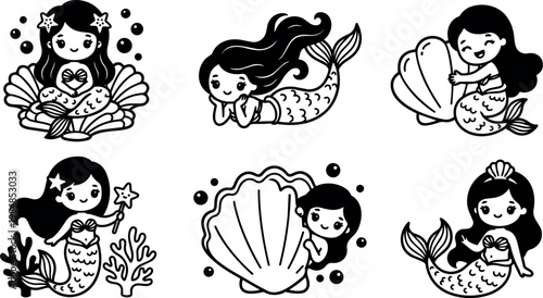 Black and white line art mermaid girls with shells and coral cute vector illustration