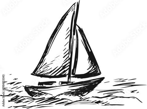 Sailboat sketch on water with sails catching wind, nautical marine transportation illustration