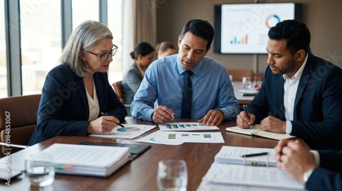 Clear focus on committee members reviewing conservative asset allocation visuals with outoffocus policy papers emphasizing riskaverse pension pool governance.