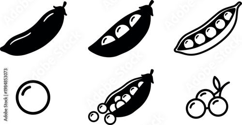 Black and white pea pod and peas vector icons set with berries