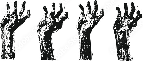 grunge black and white illustration of raised hands in various expressive gestures