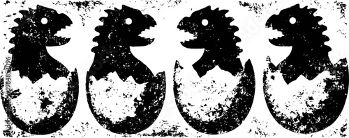 Four black and white dinosaur hatchlings breaking out of eggshells in a row