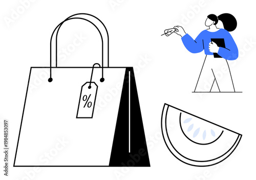 E-commerce, retail shopping, consumer behavior, sales promotion, online transactions, marketing. Shopping bag with a discount tag, shopper with card and a melon slice. E-commerce and retail shopping