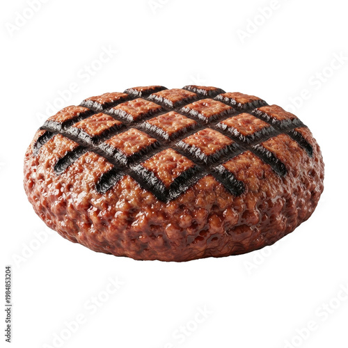A grilled hamburger patty with a diamond-shaped grill pattern on a black background