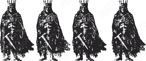 Medieval king silhouette with crown and sword, vintage warrior royal figure in cape